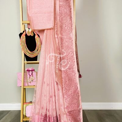 Rose Pink Linen Cotton Saree Adorned With Resham Embroidery And Cut Work