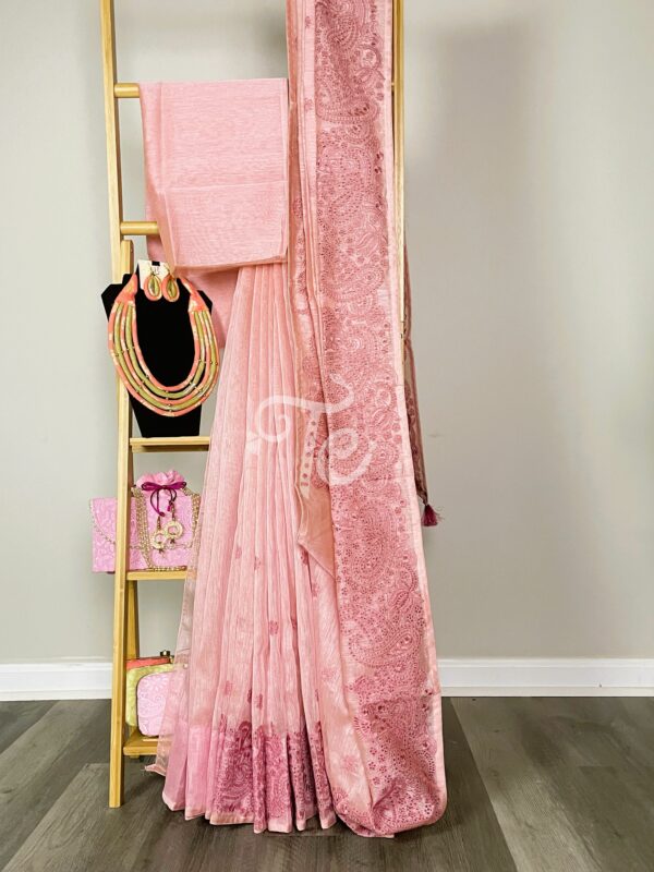 Rose Pink Linen Cotton Saree Adorned With Resham Embroidery And Cut Work