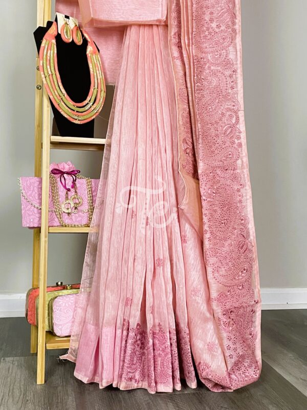 Rose Pink Linen Cotton Saree Adorned With Resham Embroidery And Cut Work