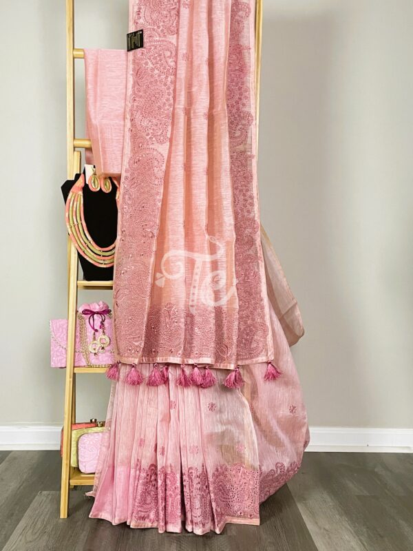 Rose Pink Linen Cotton Saree Adorned With Resham Embroidery And Cut Work