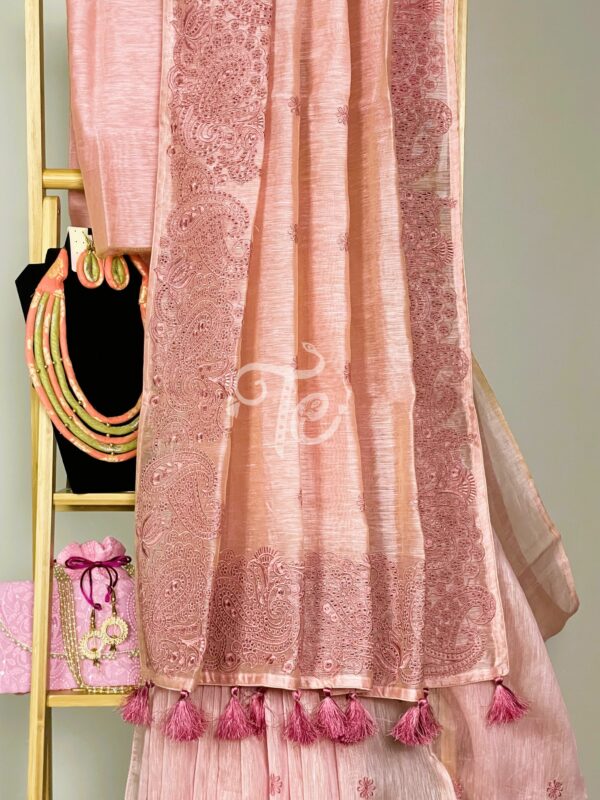 Rose Pink Linen Cotton Saree Adorned With Resham Embroidery And Cut Work