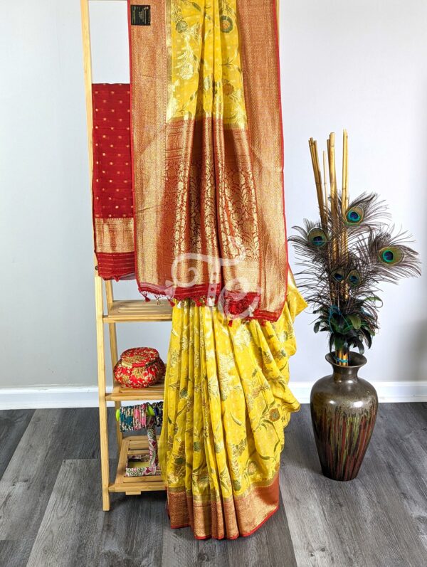 Light Yellow and Red Pure Georgette Silk Banarasi Saree adorned with Meenakari floral Jaal