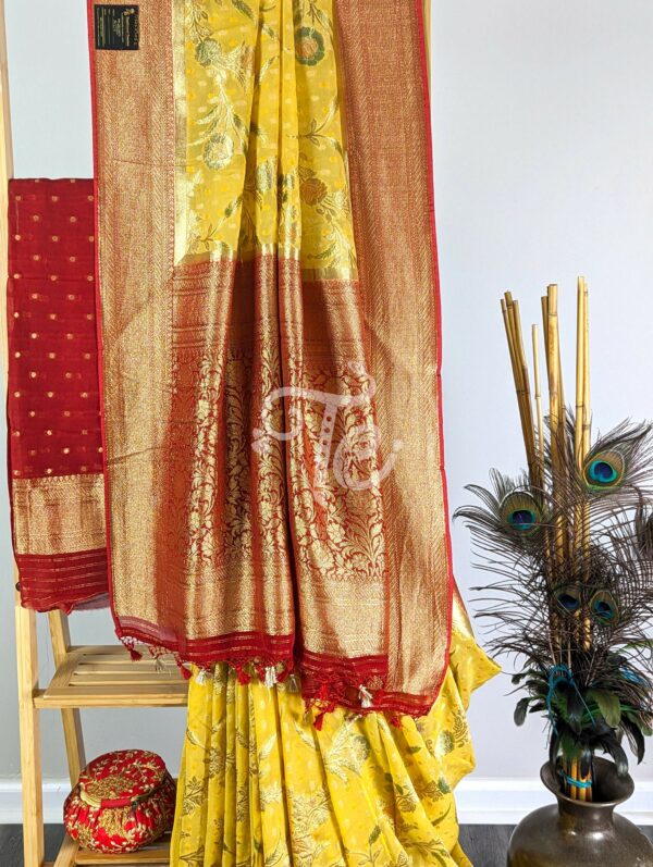 Light Yellow and Red Pure Georgette Silk Banarasi Saree adorned with Meenakari floral Jaal