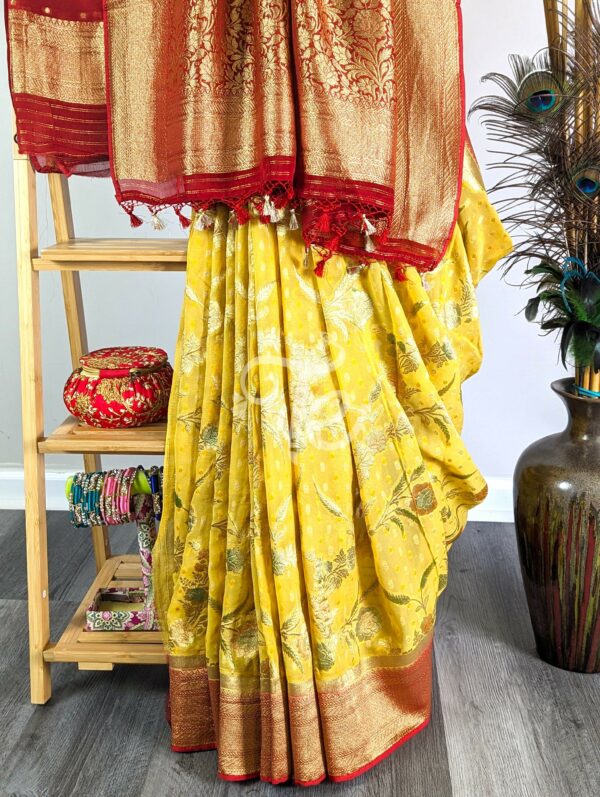 Light Yellow and Red Pure Georgette Silk Banarasi Saree adorned with Meenakari floral Jaal