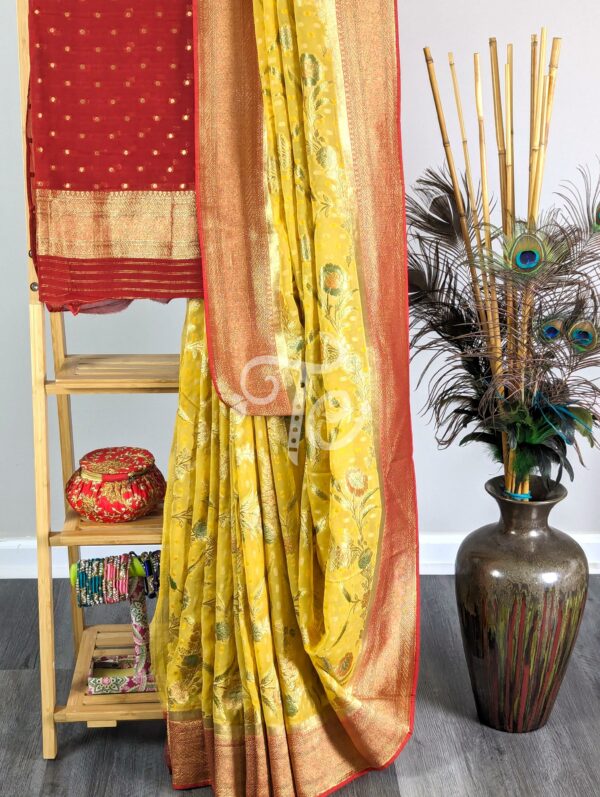 Light Yellow and Red Pure Georgette Silk Banarasi Saree adorned with Meenakari floral Jaal