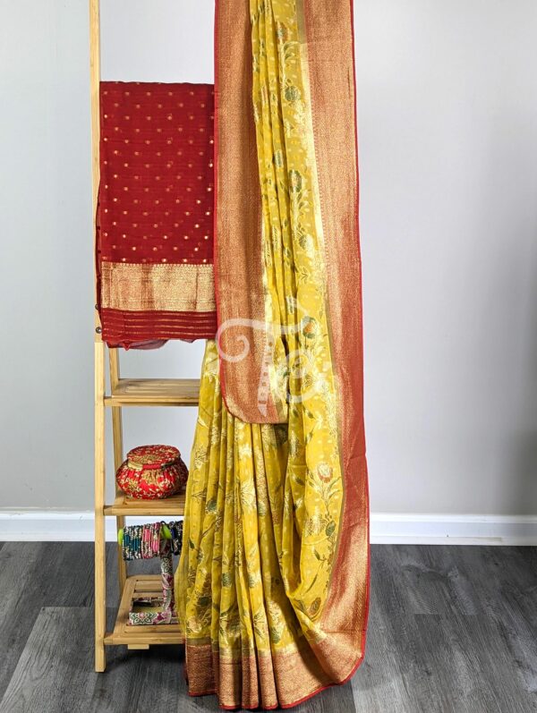 Light Yellow and Red Pure Georgette Silk Banarasi Saree adorned with Meenakari floral Jaal