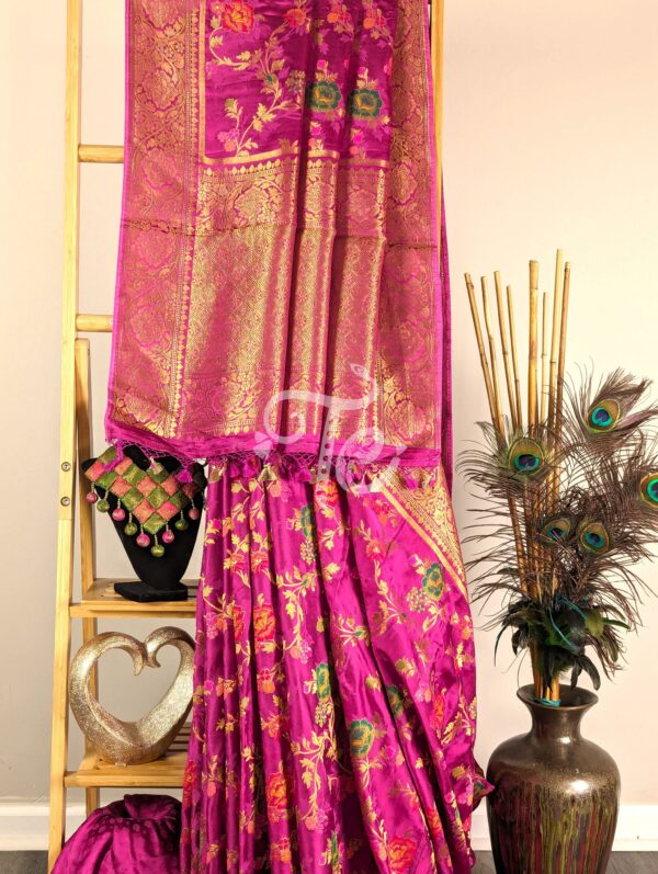 Fuchsia(Rani) Color Pure Crape Silk Banarasi Saree Adorned with Meenakari Floral Jaal