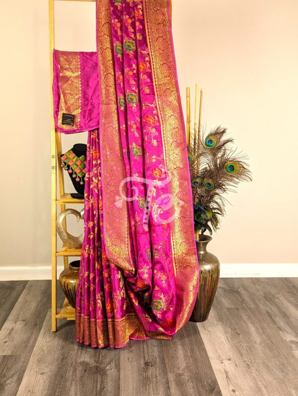 Fuchsia(Rani) Color Pure Crape Silk Banarasi Saree Adorned with Meenakari Floral Jaal