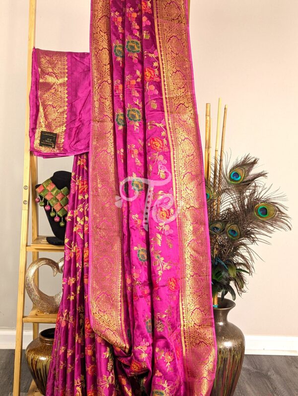 Fuchsia(Rani) Color Pure Crape Silk Banarasi Saree Adorned with Meenakari Floral Jaal