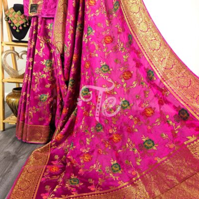 Fuchsia(Rani) Color Pure Crape Silk Banarasi Saree Adorned with Meenakari Floral Jaal