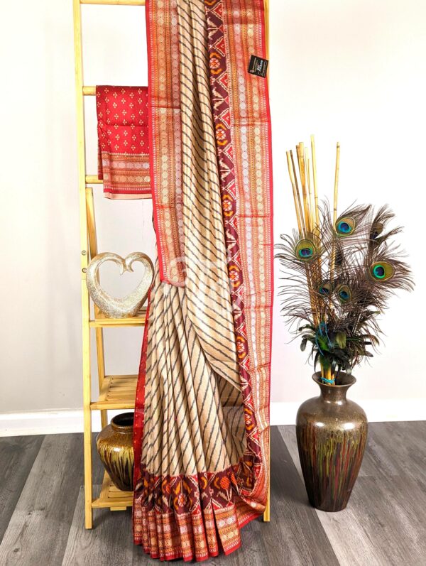 Cream and Red Semi Tussar Silk Saree with Banarasi Border