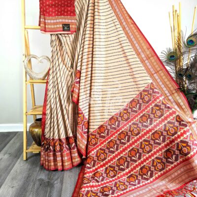 Cream and Red Semi Tussar Silk Saree with Banarasi Border