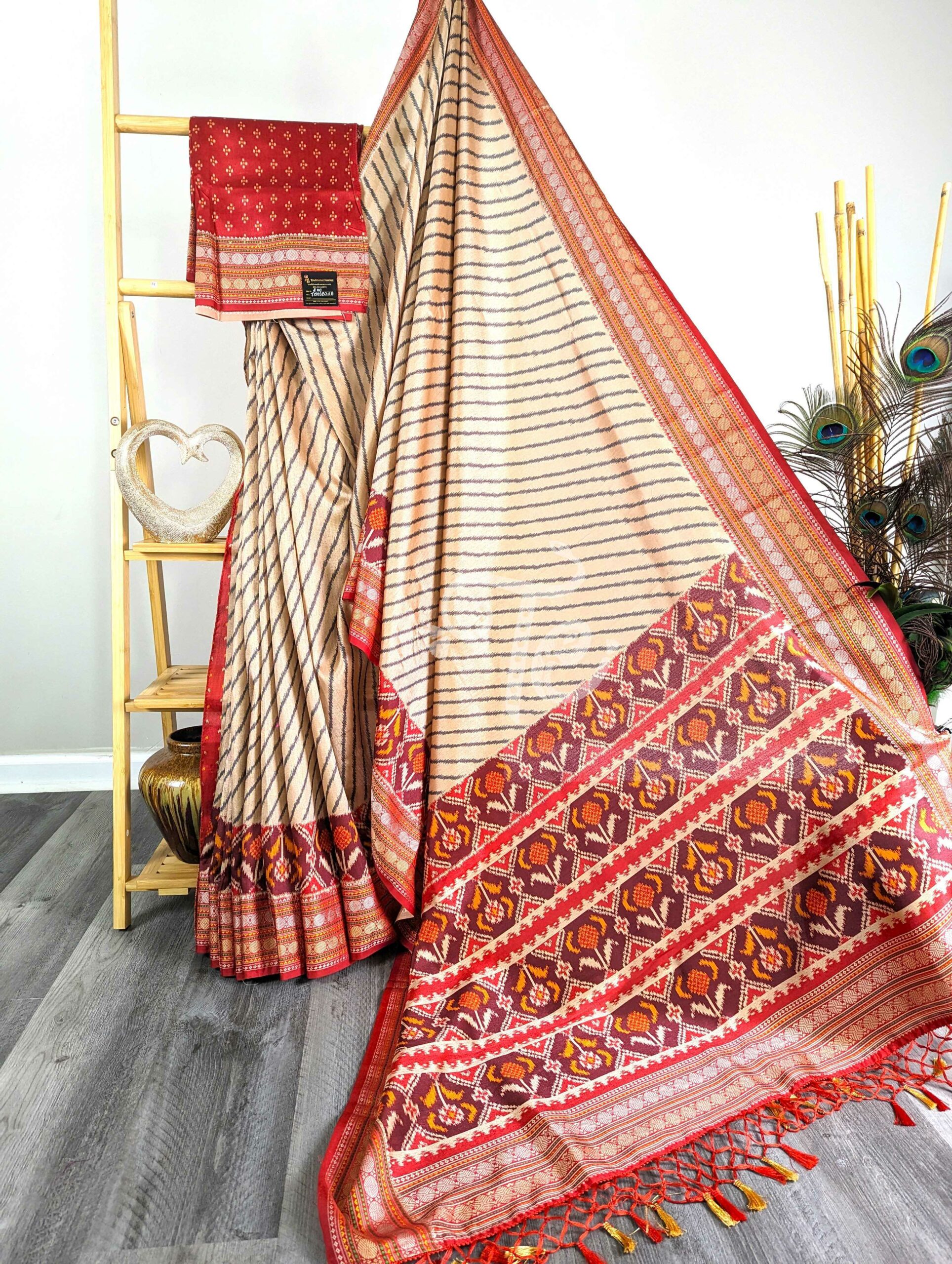 Cream and Red Semi Tussar Silk Saree with Banarasi Border