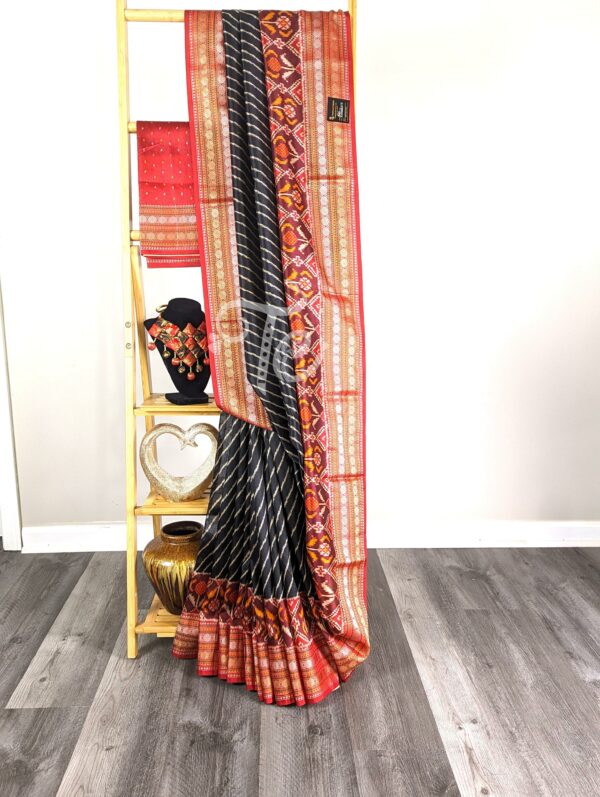 Black and Red Color Semi Tussar Silk Printed Saree with Banarasi Border