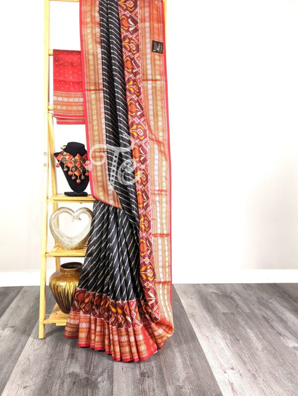 Black and Red Color Semi Tussar Silk Printed Saree with Banarasi Border