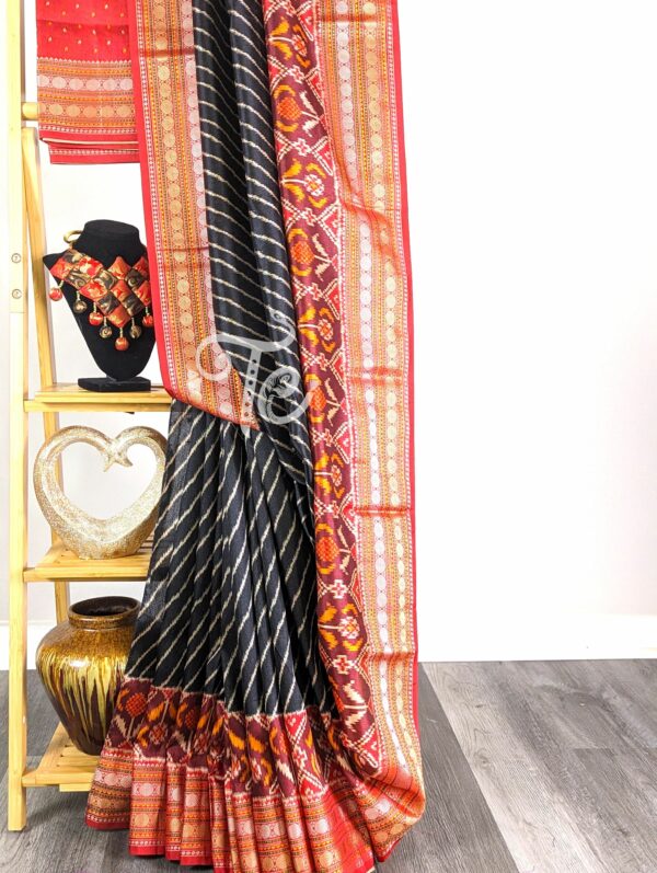 Black and Red Color Semi Tussar Silk Printed Saree with Banarasi Border