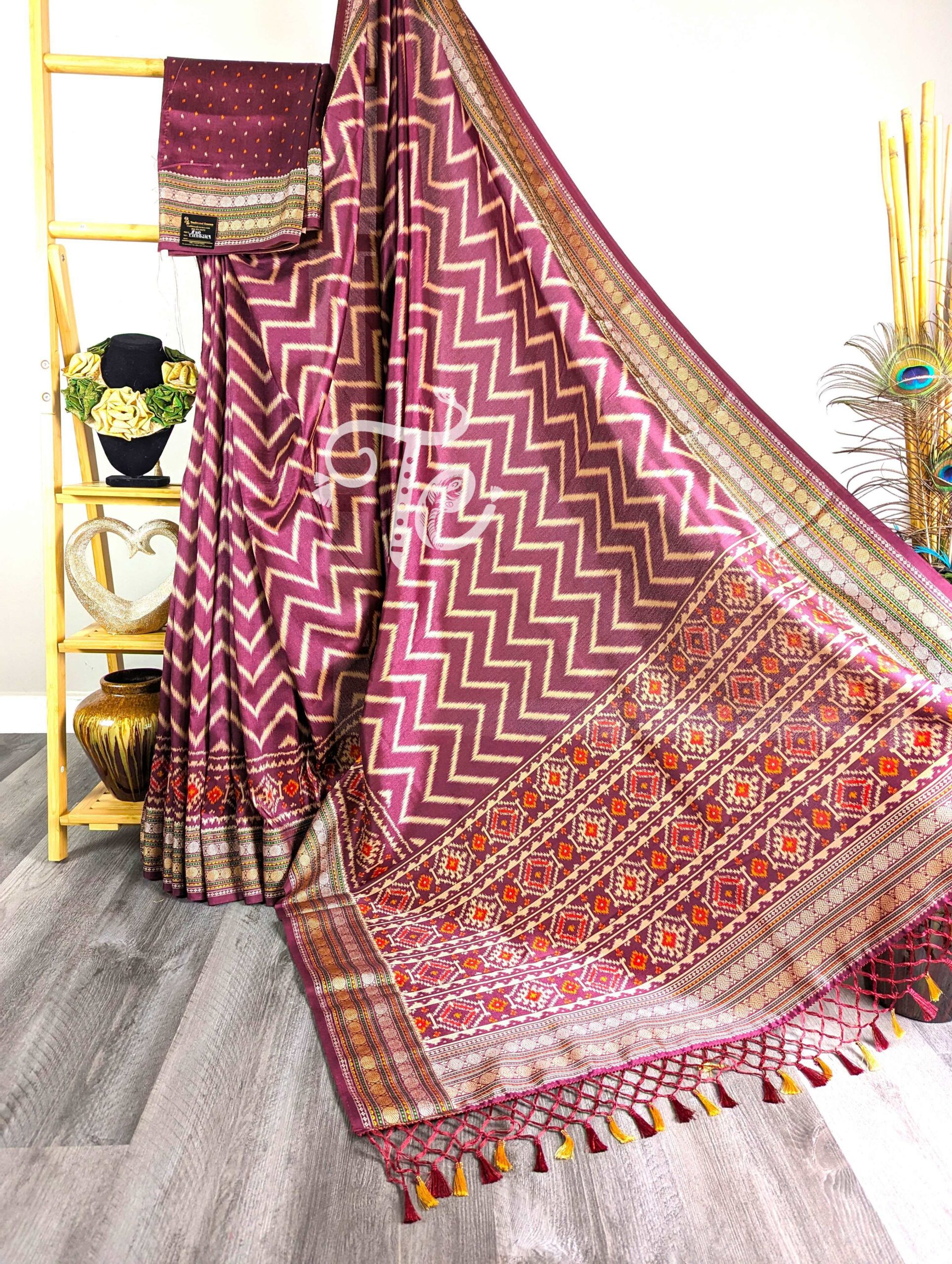 Vine Color Semi Tussar Silk Printed Saree with Banarasi Border