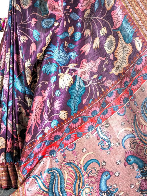 Vine Color Semi Tussar Silk Kalamkari Print Saree with Banarasi Border