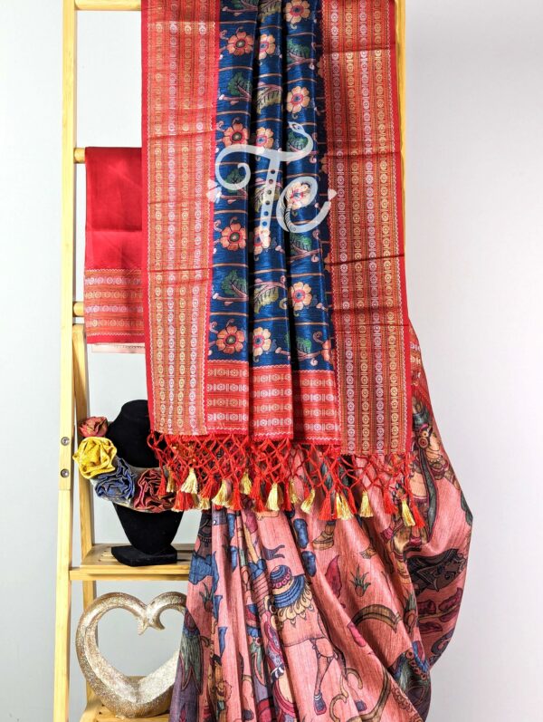 Peach and Red Semi Tussar Silk Kalamkari Print Saree with Banarasi Border