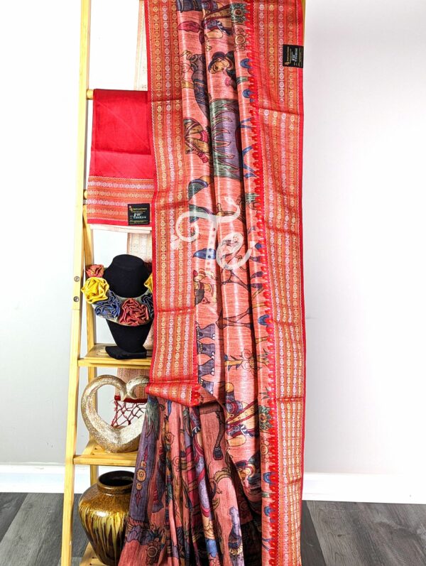 Peach and Red Semi Tussar Silk Kalamkari Print Saree with Banarasi Border