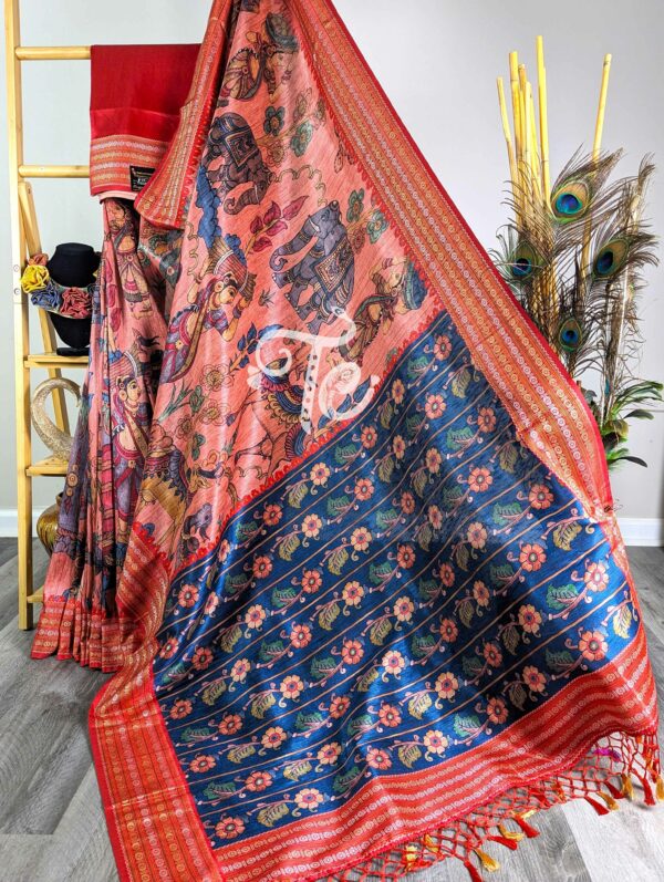 Peach and Red Semi Tussar Silk Kalamkari Print Saree with Banarasi Border