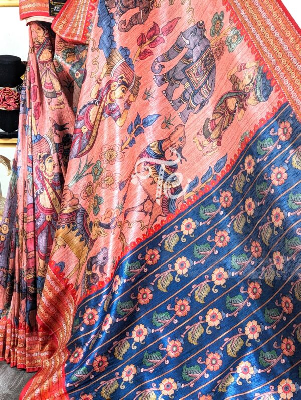 Peach and Red Semi Tussar Silk Kalamkari Print Saree with Banarasi Border